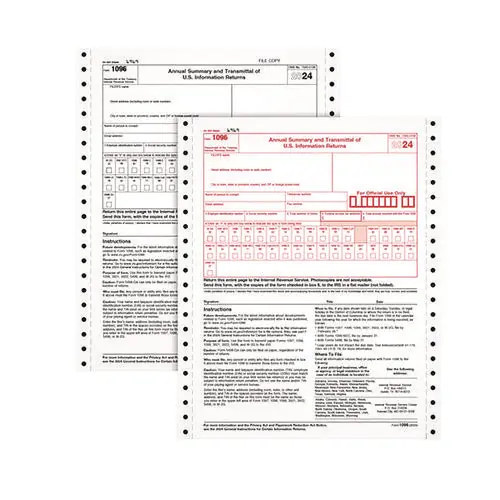 2-part 1096 Continuous Feed Tax Forms, Fiscal Year 2024, Two-part Carbonless, 8 X 11, 10 Forms Total