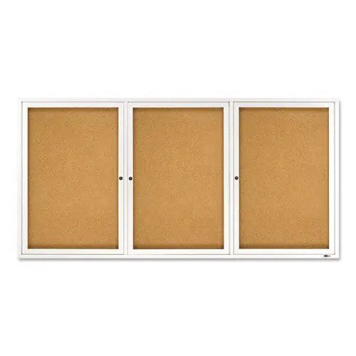 Enclosed Indoor Cork Bulletin Board With Three Hinged Doors, 72" X 36", Tan Surface, Satin Aluminum Frame