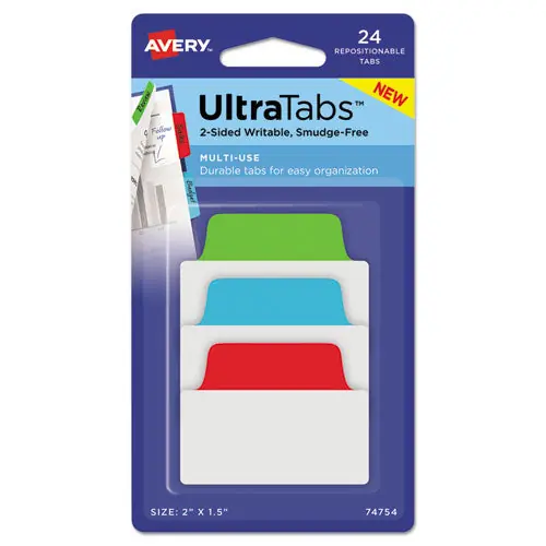 Ultra Tabs Repositionable Tabs, Standard 2" X 1.5", 1/5-cut, Assorted Colors (blue, Green And Red), 24/pack
