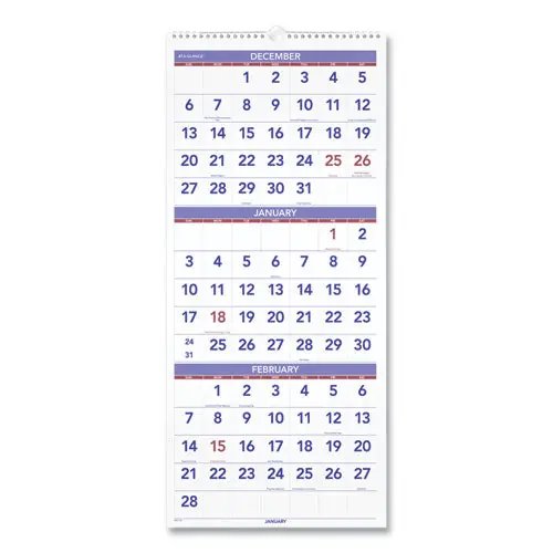 Deluxe Three-month Reference Wall Calendar, Vertical Orientation, 12 X 27, White Sheets, 14-month Dec 2025 To Jan 2027