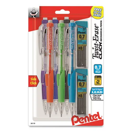 Twist-erase Click Mechanical Pencil, 0.7 Mm, Hb ( 2), Black Lead, Assorted Barrel Colors, 6/pack