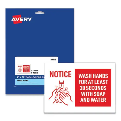 Preprinted Surface Safe Wall Decals, 10 X 7, Wash Hands For At Least 20 Seconds, White/red Face, Red Graphics, 5/pack