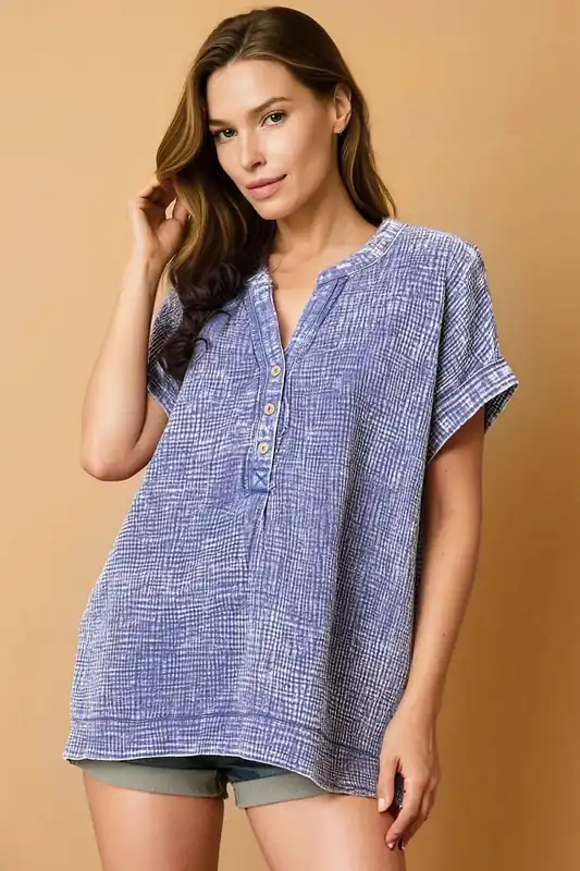 Zenana Washed Double Gauze 3/4 Button Henley Neck Womens Shirt