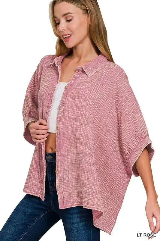Zenana Washed Double Gauze Womens Half Sleeve Top S-XL Lt Rose