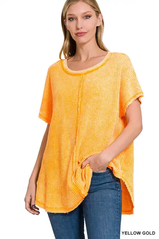 Zenana Mineral Washed Waffle Cotton Womens Top S-XL Yellow Gold