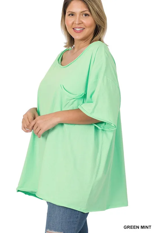 Zenana Plus Size Oversized Raw Edge Womens Boat Neck Tee in Green Mint
