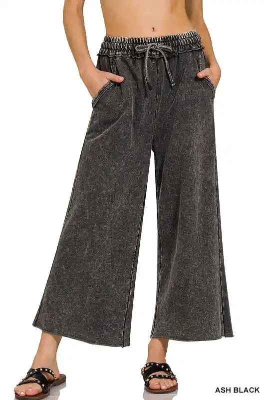 Zenana French Terry Palazzo Pockets Womens Pants S-XL Ash Black
