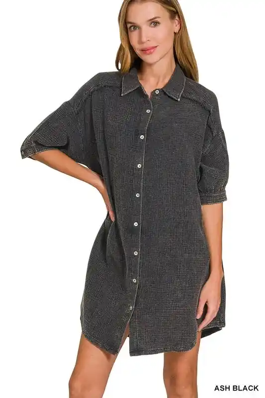 Zenana Washed Double Gauze Button Down Womens Shirt Dress