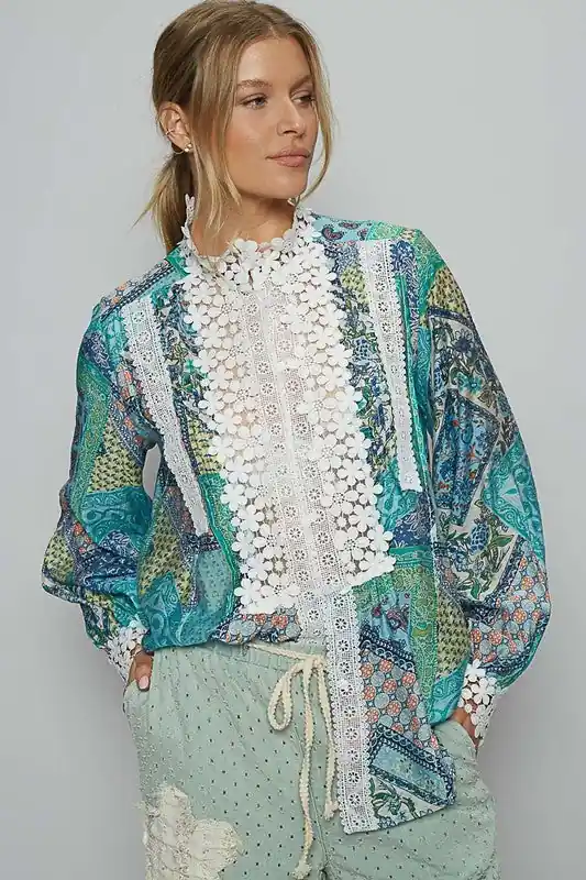POL Clothing Lace Detail Printed Button Down Womens Shirt