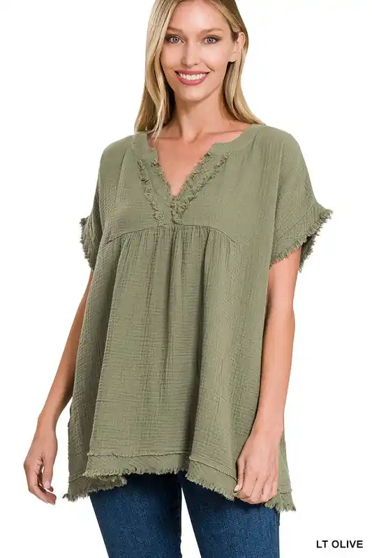 Zenana Double Gauze Raw Edge Womens Top S-XL Light Olive