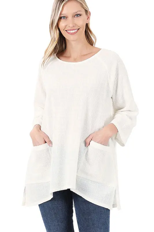 Zenana Two Pockets Womens Pullover Top Cotton Gauze in S-XL Off White
