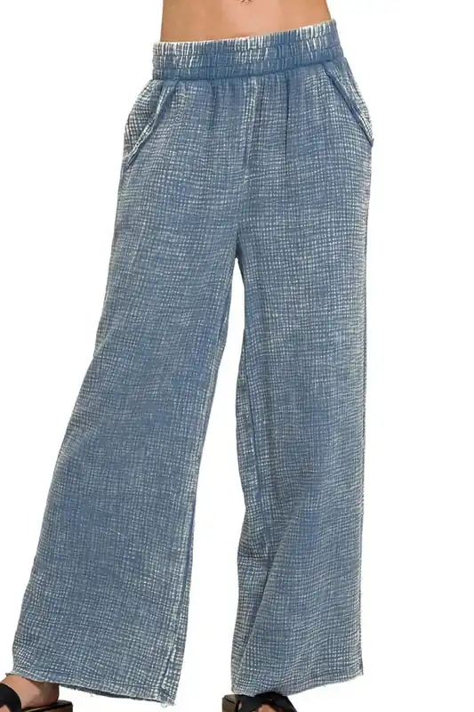 Zenana Washed Double Gauze Elastic Band Waist Womens Pants