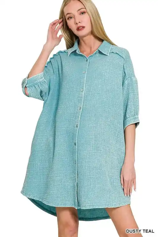 Zenana Washed Double Gauze Button Down Womens Shirt Dress