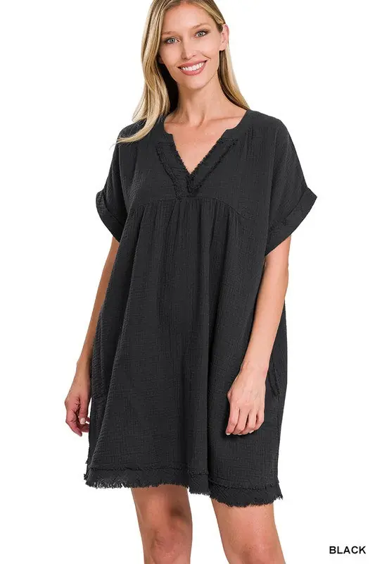 Zenana Cotton Double Gauze Solid Womens Dress S-XL Black