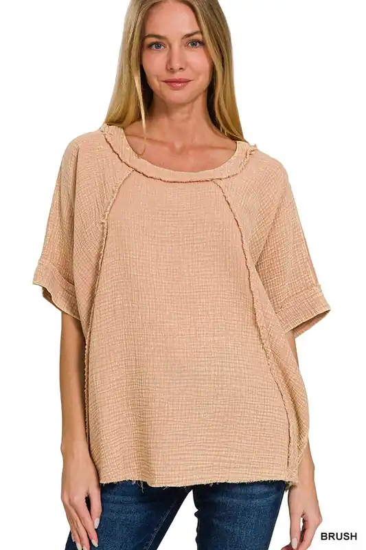 Zenana Washed Cotton Gauze Raglan Oversize Womens Top S-L Brush