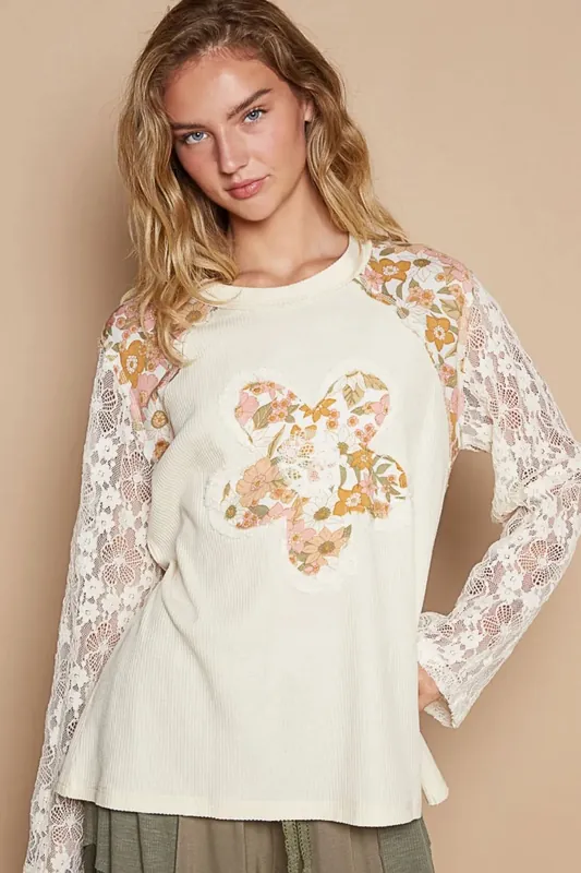 POL Clothing Flower Patch Lace Sleeve Knit Womens Top