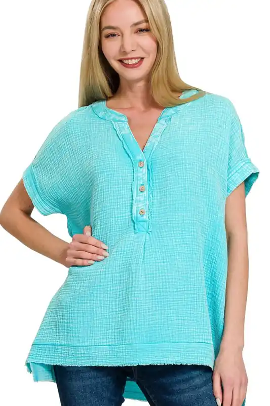 Zenana Washed Double Gauze 3/4 Button Henley Neck Womens Shirt