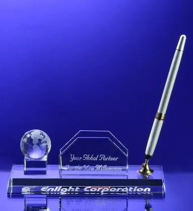 Crystal Globe Ball Business Card and Pen Holder - Silver Pen.
