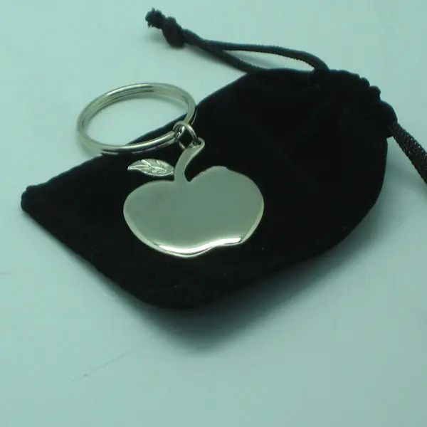 Shinny Chrome Plated Metal Apple Key Tag with Velveteen Pouch