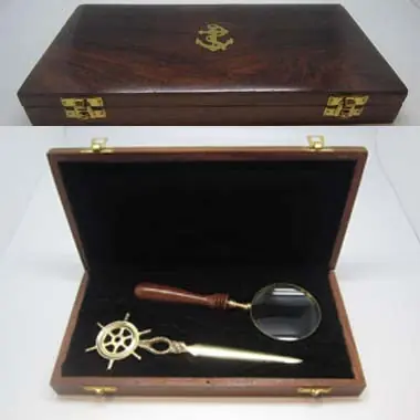3" Dia Brass Magnifier and Ship Wheel Letter Opener in Solid Teak Wood Box