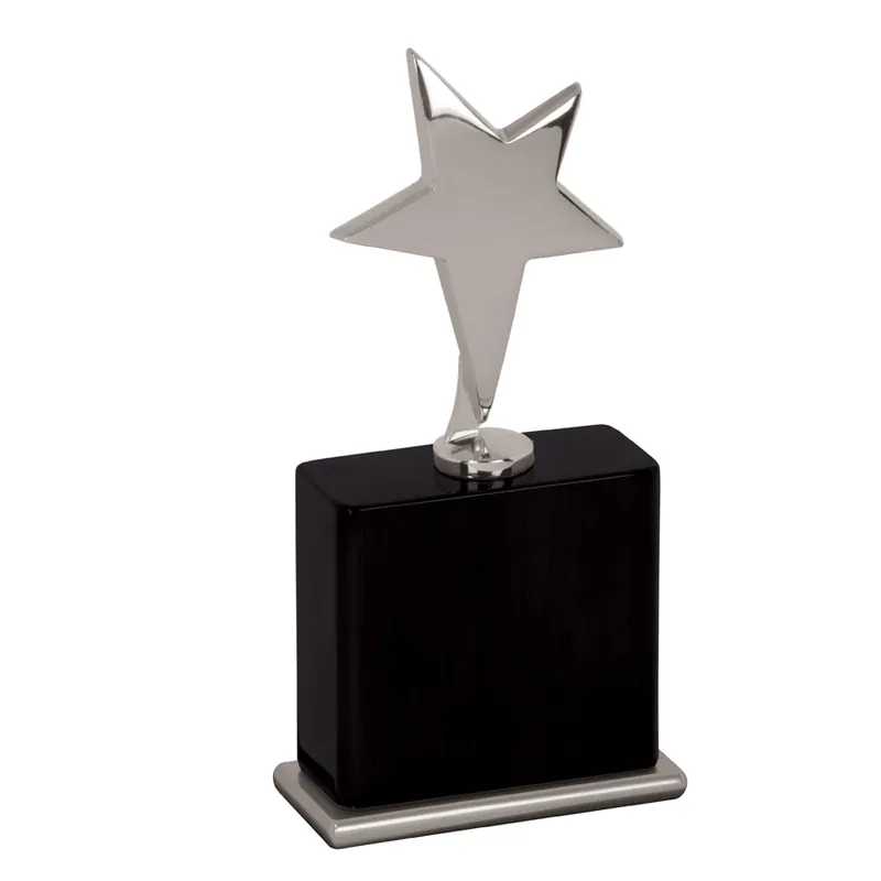 Size Large 8" Silver Plated Metal Star on Black Piano Finish Wood Base